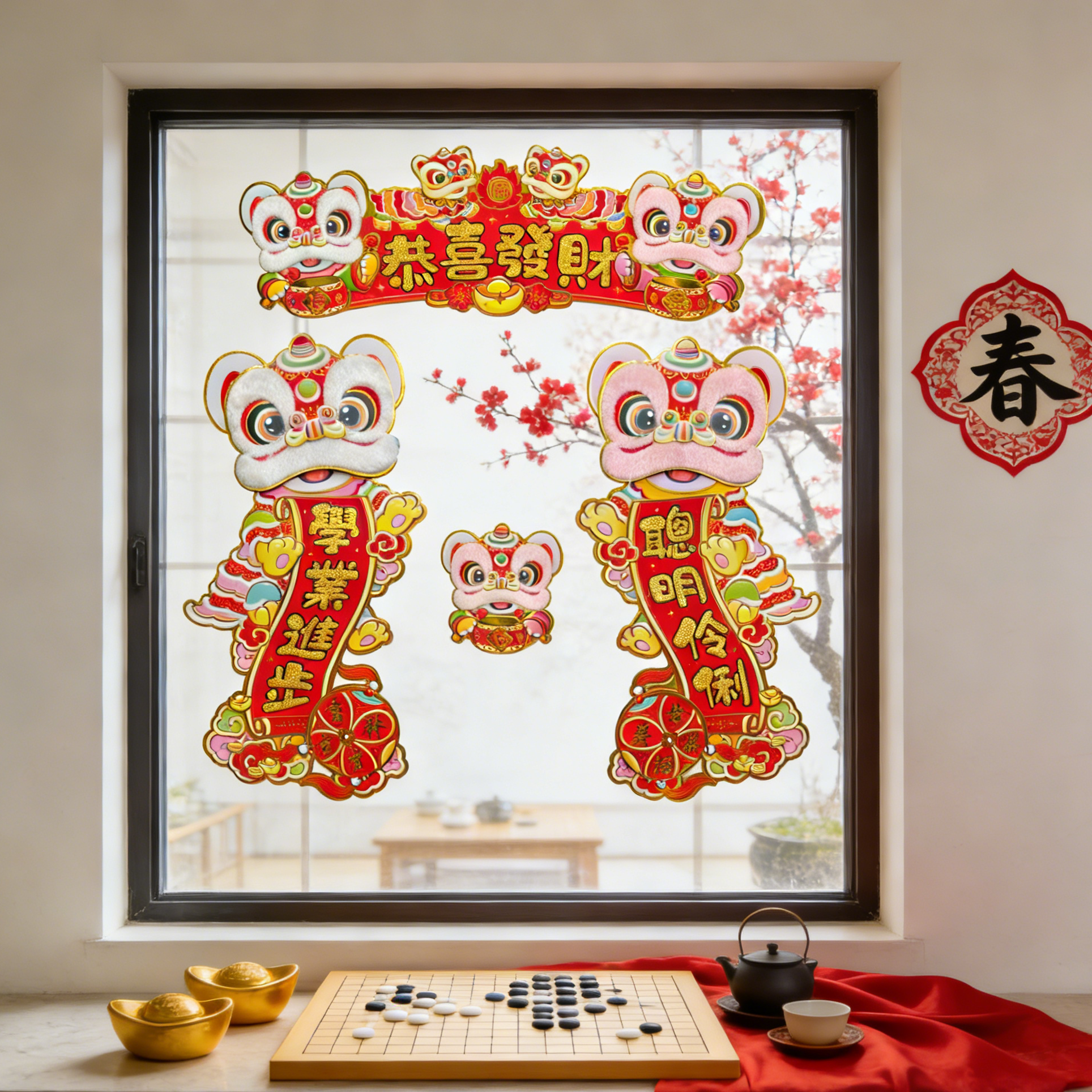 醒狮对联  对联春联4字联大门装饰客厅背景墙玄关挂饰过年福字