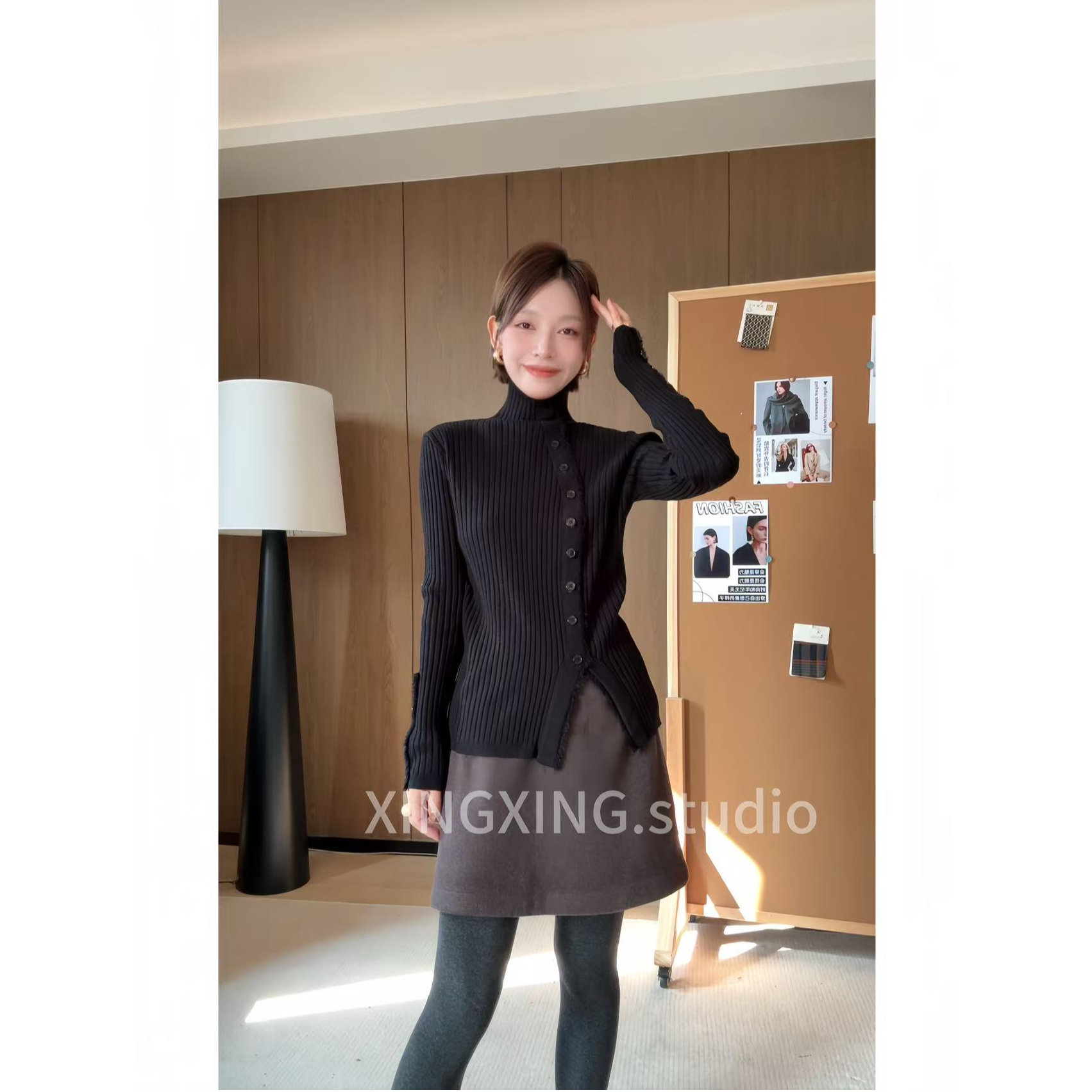 X.x. 冬季新款斜排扣小众设计感高领套头针织衫女显瘦长袖打底405