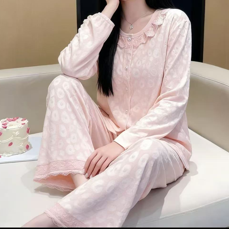 大朵【珍珠粉-蕾丝豹纹】2025新款海岛绒睡衣女秋冬家居服舒适宽松
