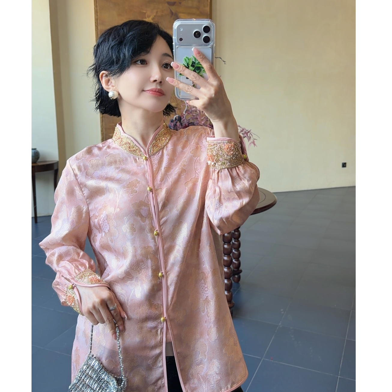 Betty Bairn【流萤照夜】高定国风织金真丝花萝立领上衣25B-BW5290