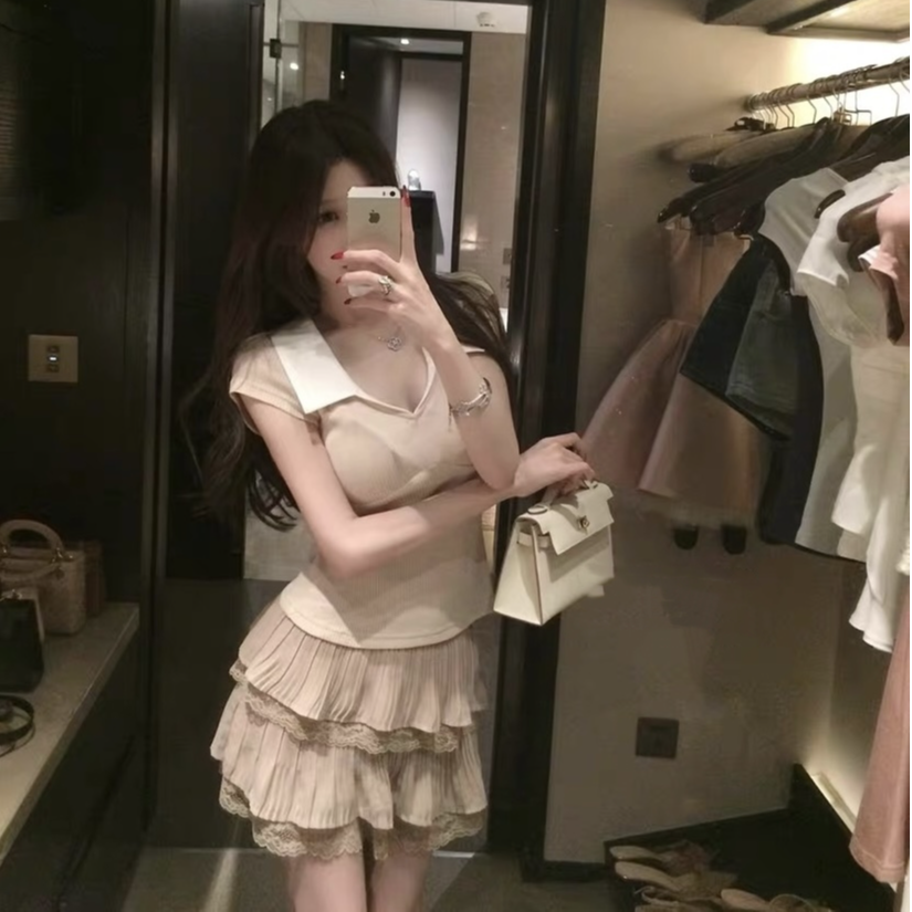 纯欲辣妹夏季短款修身V领上衣高腰显瘦小个子蛋糕短裙子两件套女