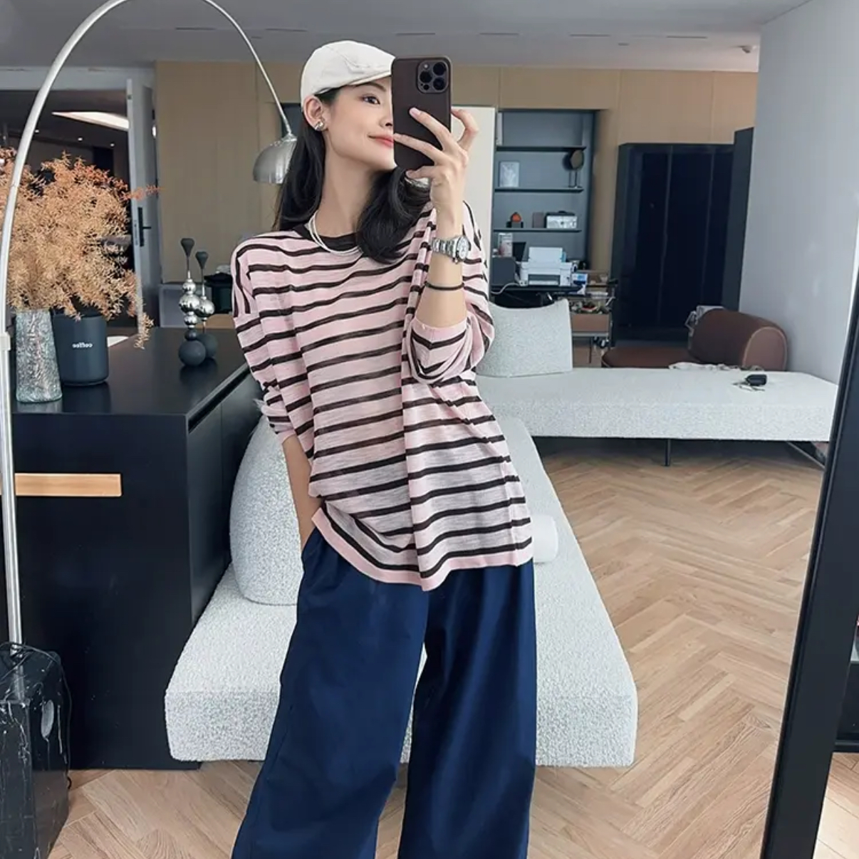 美洋MEIYANG草莓巧克力针织衫可机洗仿竹麻透气条纹显瘦运动洋气