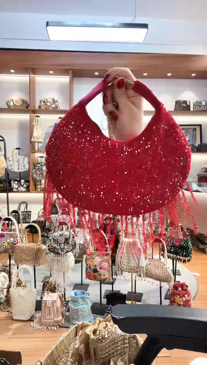 织物674手工珠珠包包腋下斜跨包手拿包手提晚宴包 