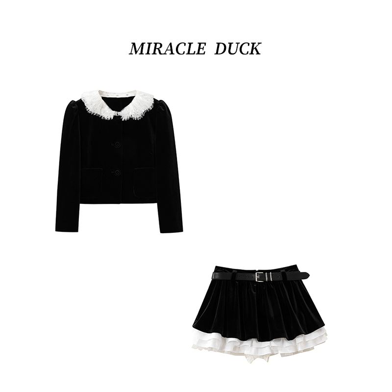 6号【赫本公主】春秋冬时尚蕾丝拼接丝绒外套带腰带短裙套装C1752