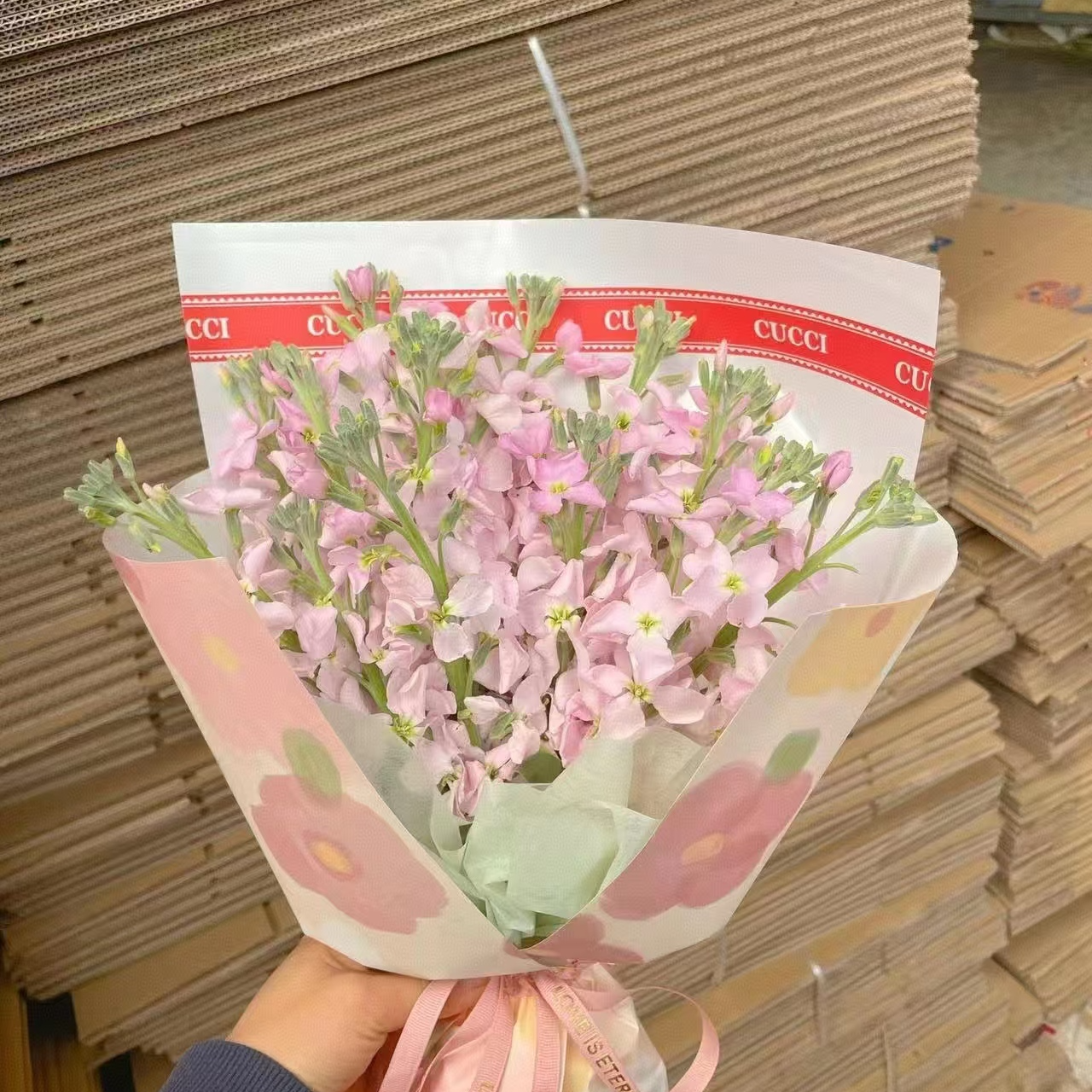 套餐60 粉色单瓣紫罗兰一把+折射泡泡3支+西雅图康乃馨10支