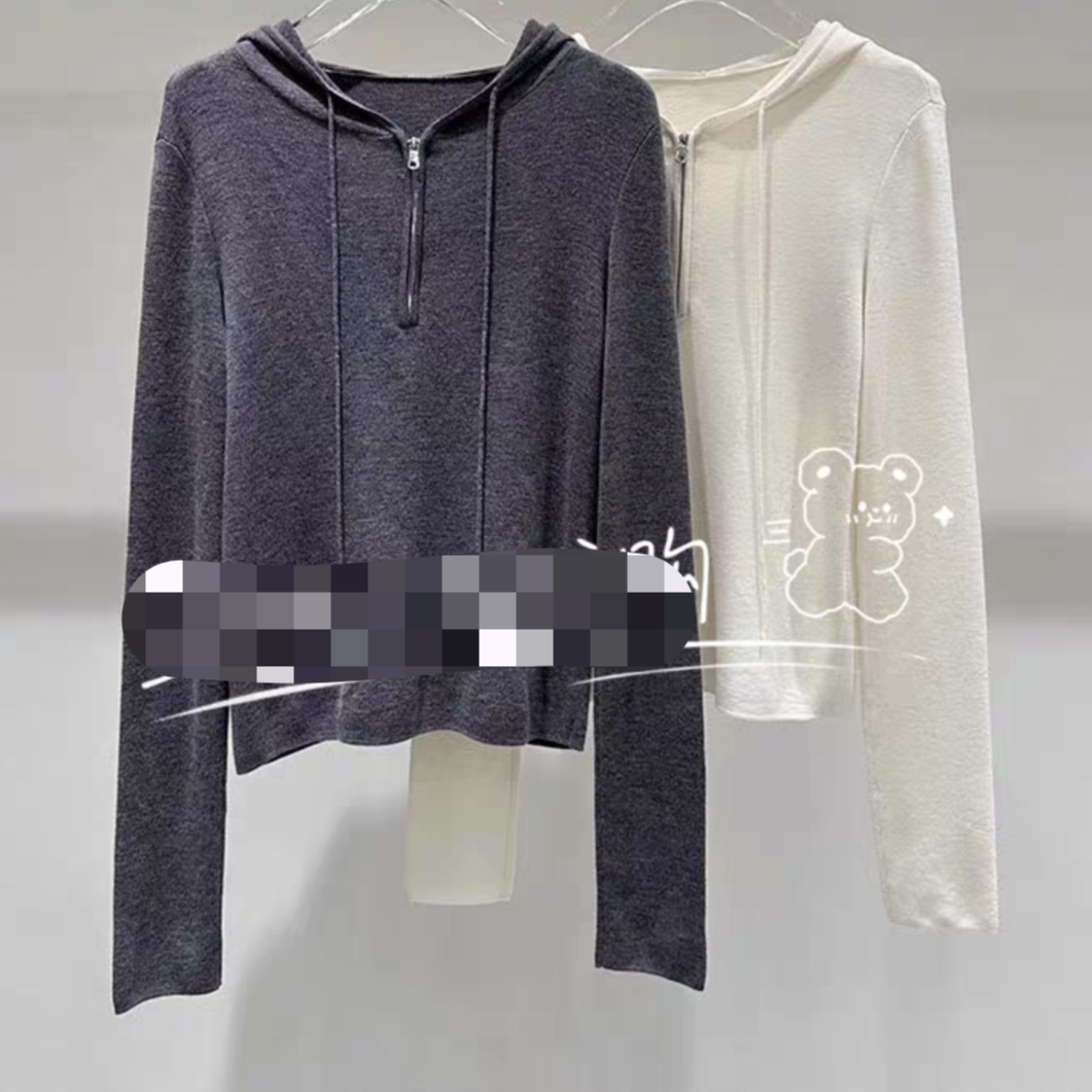 灰米双色半拉链连帽针织