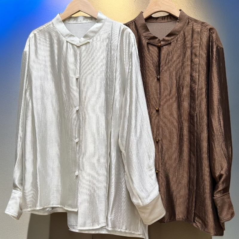 暮色晨烟 - 珠光醋酸皱！新中式复古时尚不对称结构立领盘扣衬衫