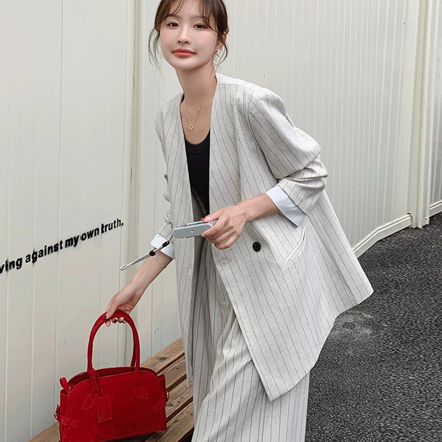[新疆包邮]轻熟风白色条纹西装女春季新款高级感气质阔腿裤两件套
