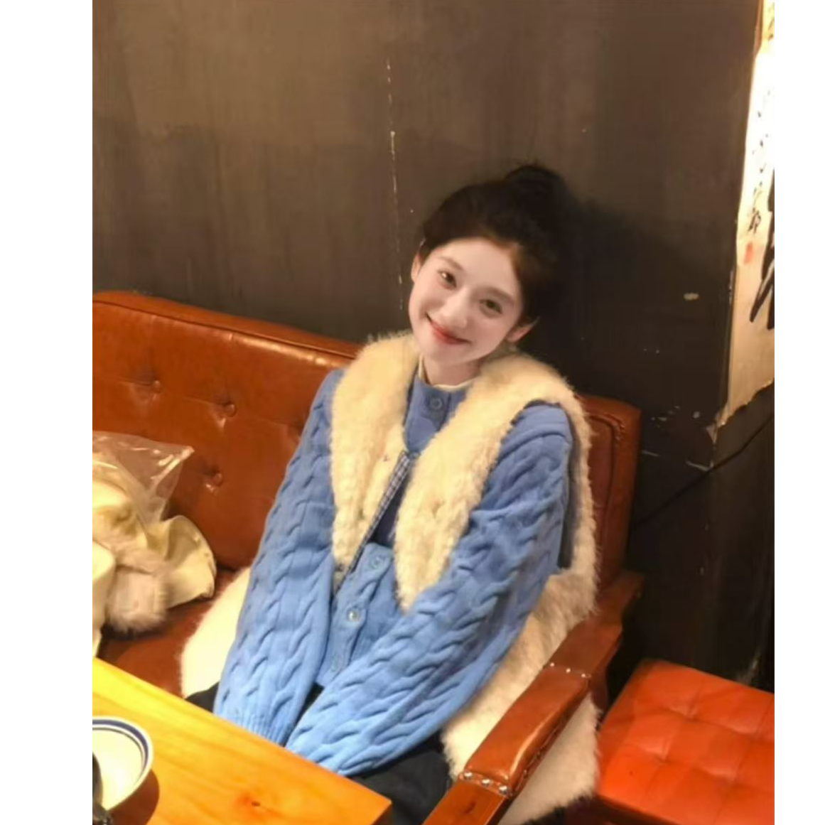 蓝色麻花针织开衫外套女冬季穿搭宽松韩系慵懒毛衣长袖上衣