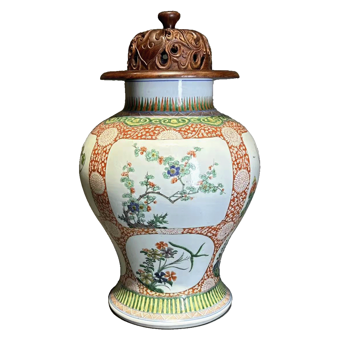 24160325x五彩矾红四季花卉纹将军罐