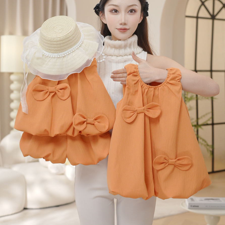 【南瓜奶咖】2025春夏季新韩版蝴蝶结花苞裙自由无袖纯色套装17153