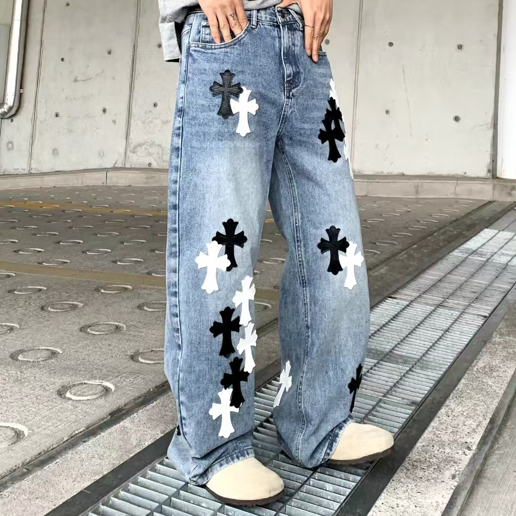 【七七专属】黑白皮刺绣水洗做旧复古直筒帅气显瘦牛仔裤情侣款