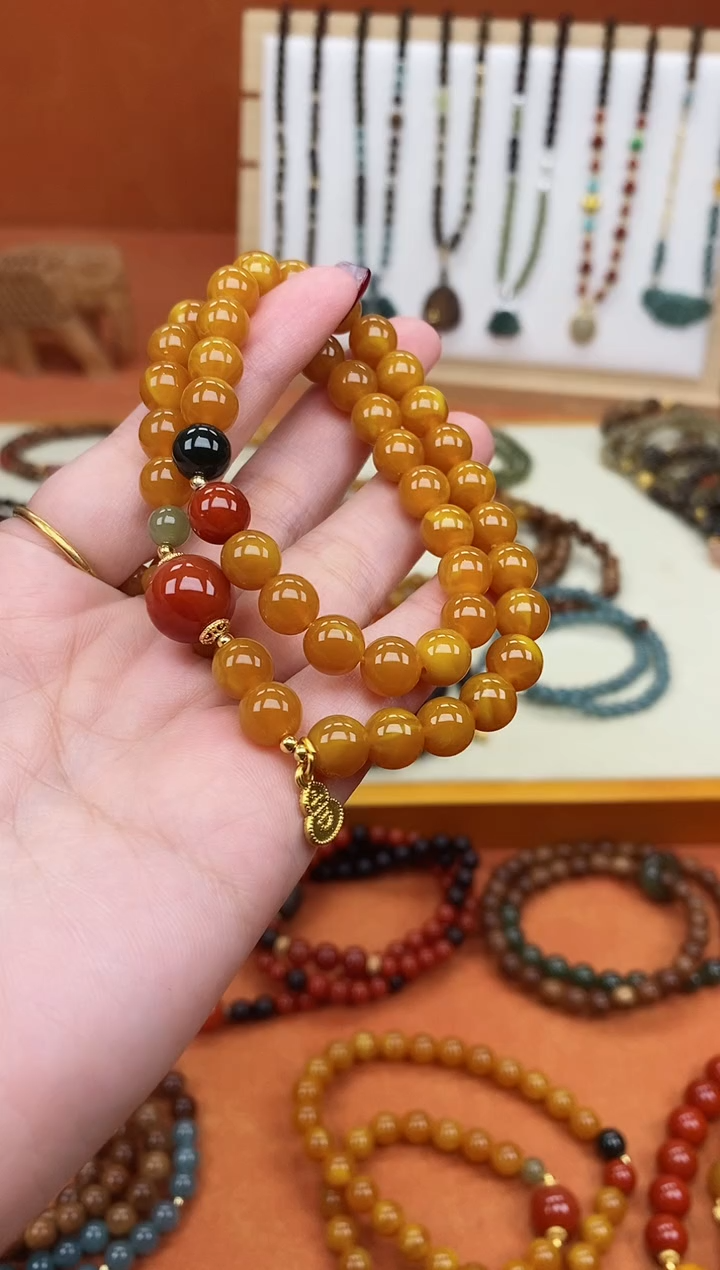 手链蜜蜡未镶嵌双圈蜜蜡和田南红手串