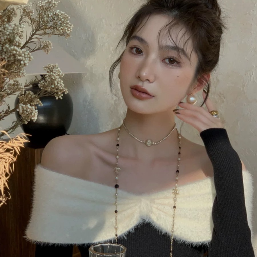 洋气氛围感一字领荷叶边毛衣法式掐腰长袖修身赫本针织衫女