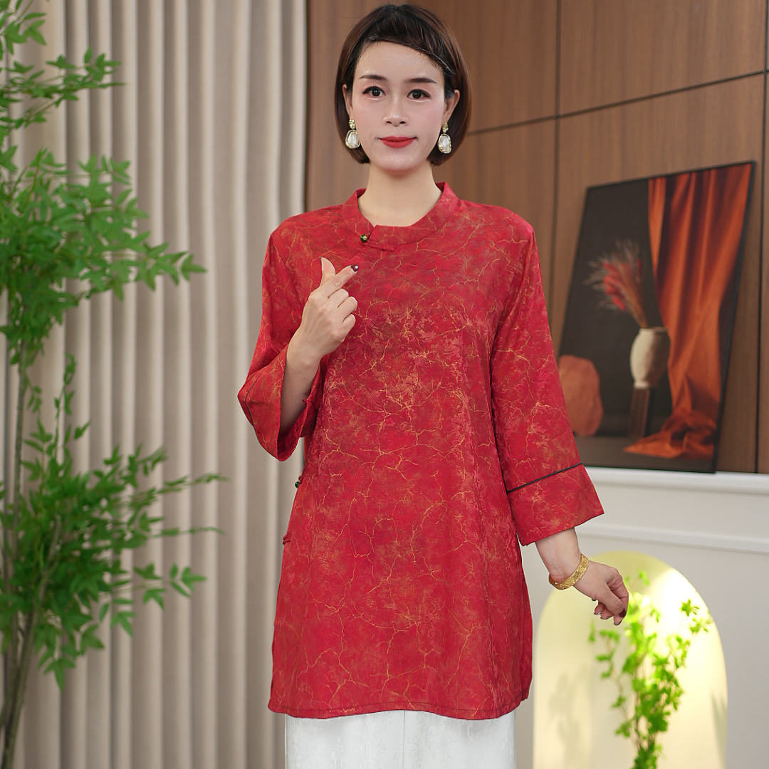 【高货 100丝】新款满分老料新中式奥黛国风盘扣中长袖上衣3001