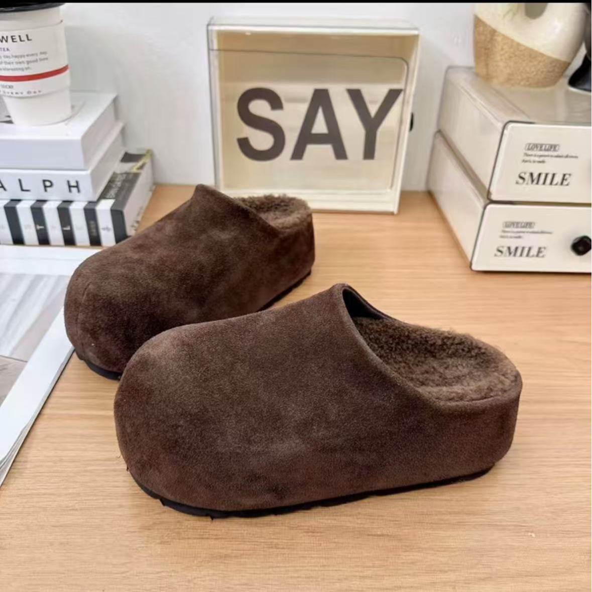 a复古内增高包头半拖鞋女外穿2025冬季新款一脚蹬小个子加绒勃肯