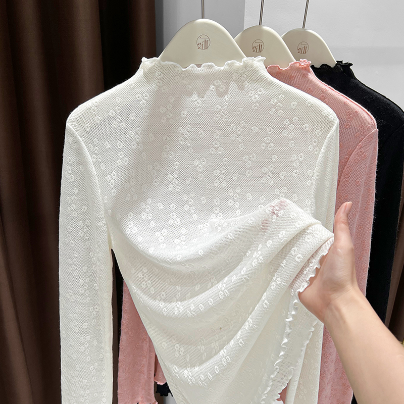 半高领蕾丝粉色打底衫女2025新款设计感修身内搭提花花边长袖上衣