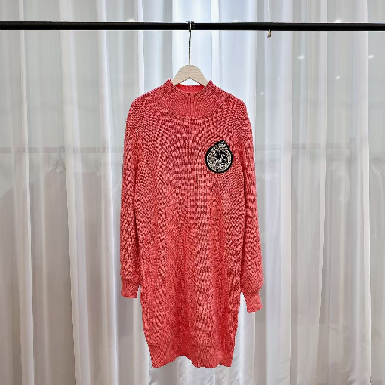 连衣裙长袖针织时尚百搭女士红色中长款圆领255