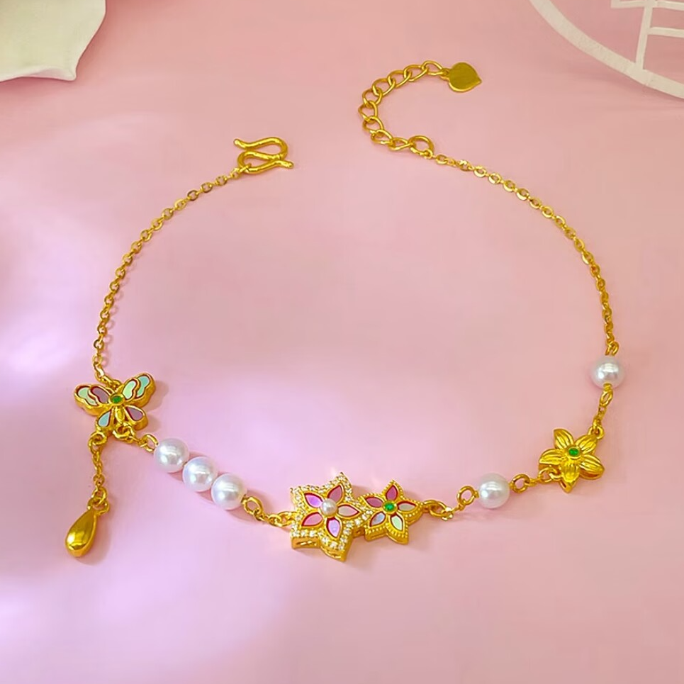 新品推荐【赛菲尔非遗古法新品】足金螺钿小清新花朵黄金手链
