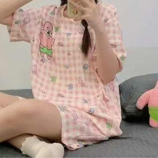 B967粉格水母卡通双短家居套装