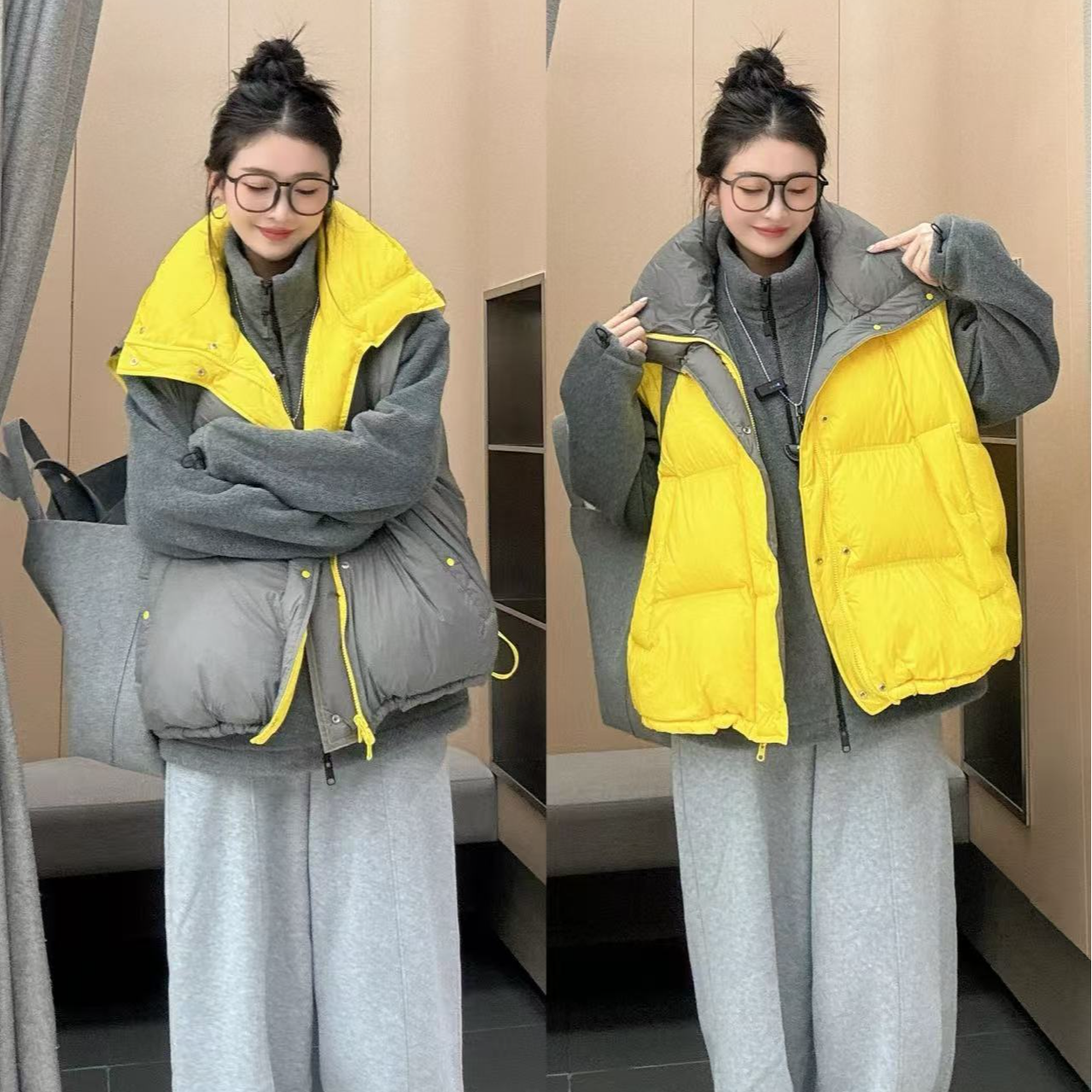 女士四个颜色宽松亮色白鸭绒马甲秋冬季