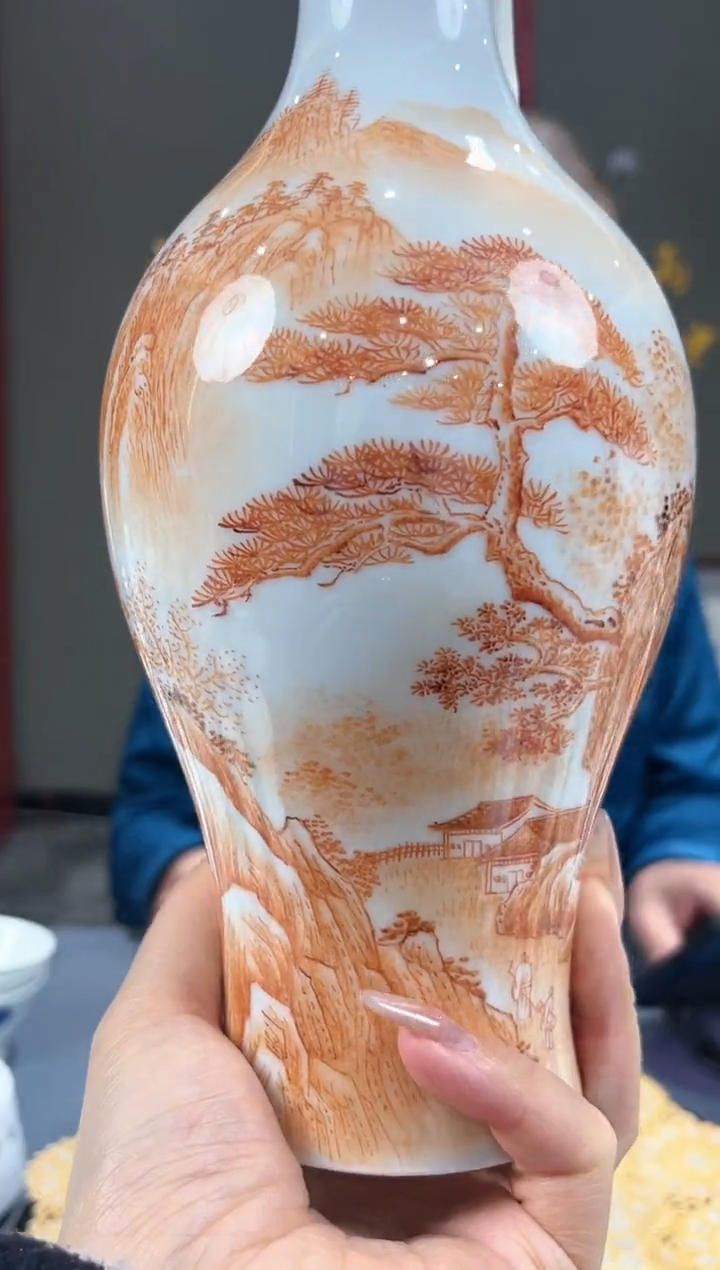 【闪购商品】官窑瓷画院336官窑瓷画院矾红山水橄榄瓶