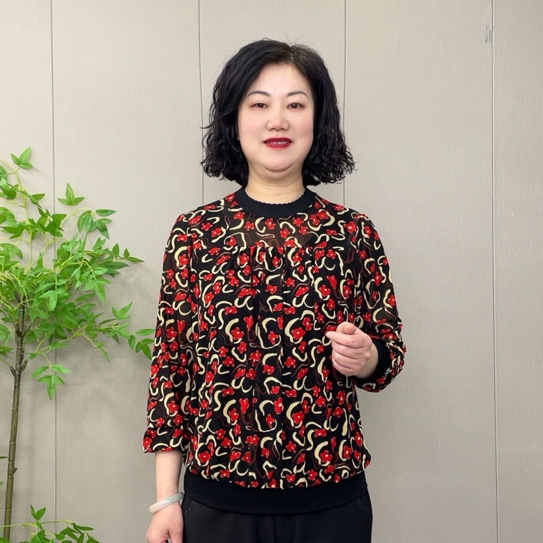中老年春季新款气质时尚百搭宽松印花休闲洋气遮肚长袖打底妈妈装