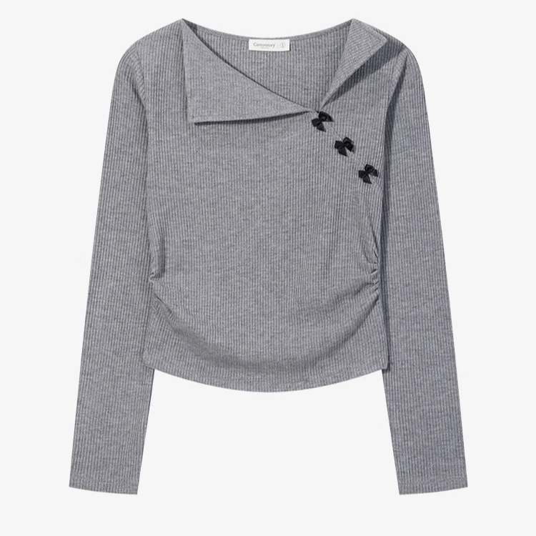 现现-设计感长袖t恤甜妹蝴蝶结翻领针织衫收腰上衣Y50147842