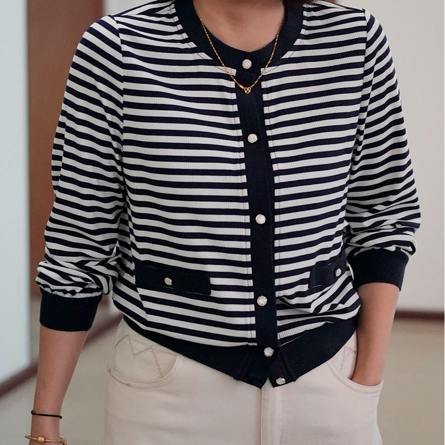 开衫女梦里人洋气减龄时尚条纹休闲百搭上衣8526