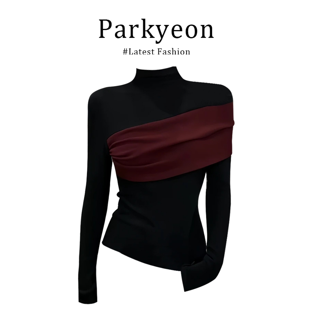 MARIE.COCO气质洋气不规则打底衫秋季半高领套头显瘦撞色拼接上衣