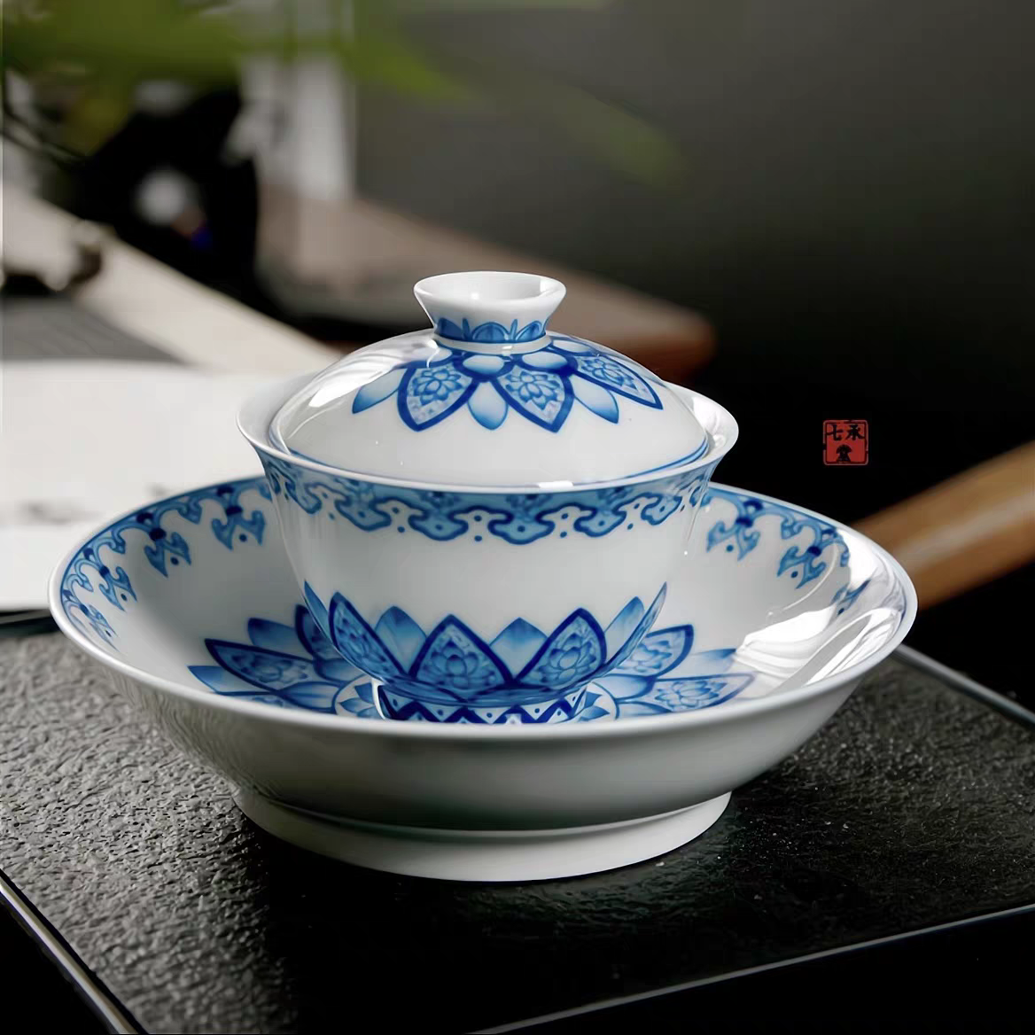 景德镇手工手绘釉下彩青花瓷高端陶瓷茶具二才元宝小盖碗（100CC）