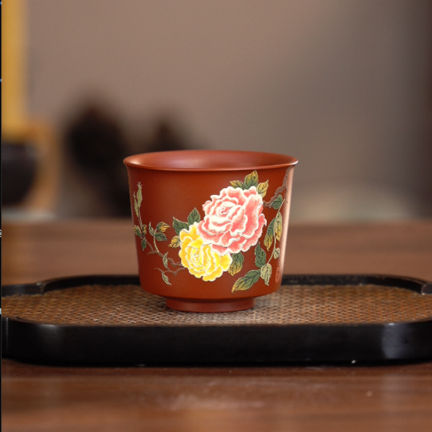 7239宜兴紫砂茶具大红袍堆绘黄粉牡丹主人杯130ccFSY茶杯品茗杯