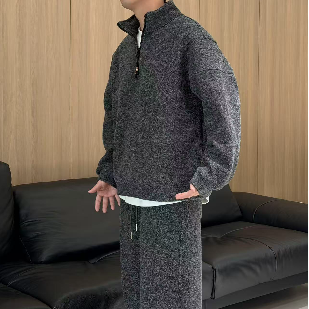 冬季新款加绒加厚男士简约休闲套头立领卫衣针织卫衣宽松简约免烫