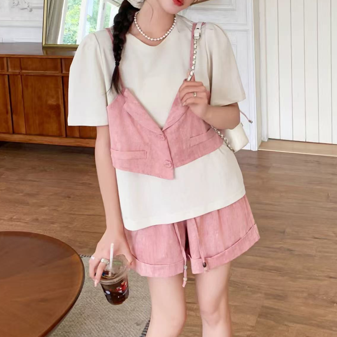 8655#【实物为准】2025新款时尚假两件T恤短裤两件套套装