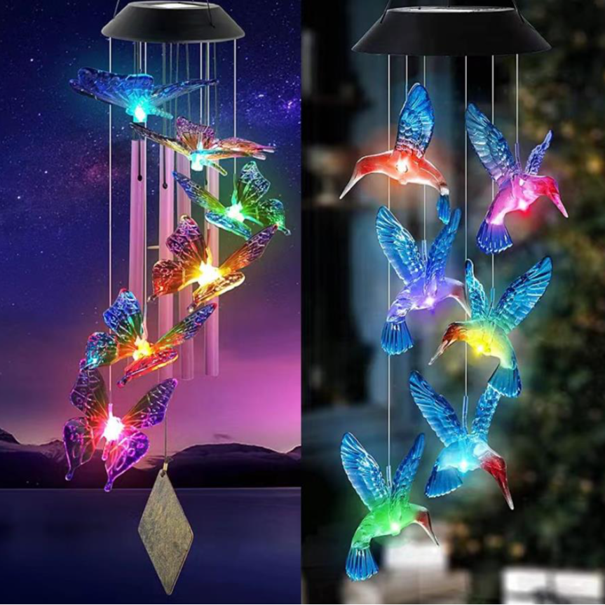 太阳能蜂鸟风铃灯户外庭院花园装饰七彩渐变挂灯吊灯草坪灯