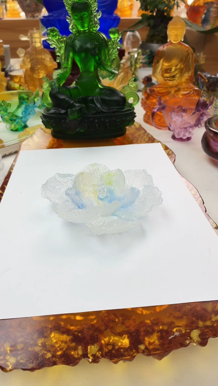 手工艺品琉璃白加淡蓝色牡丹花线香插12公分