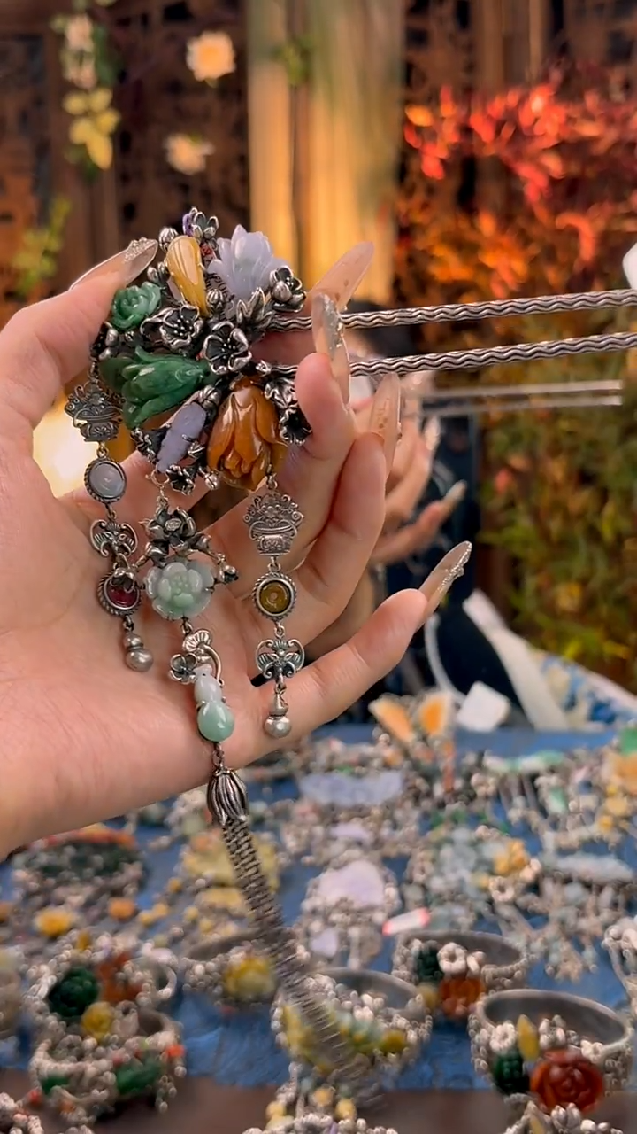 银S925镶嵌挂件翡翠发簪