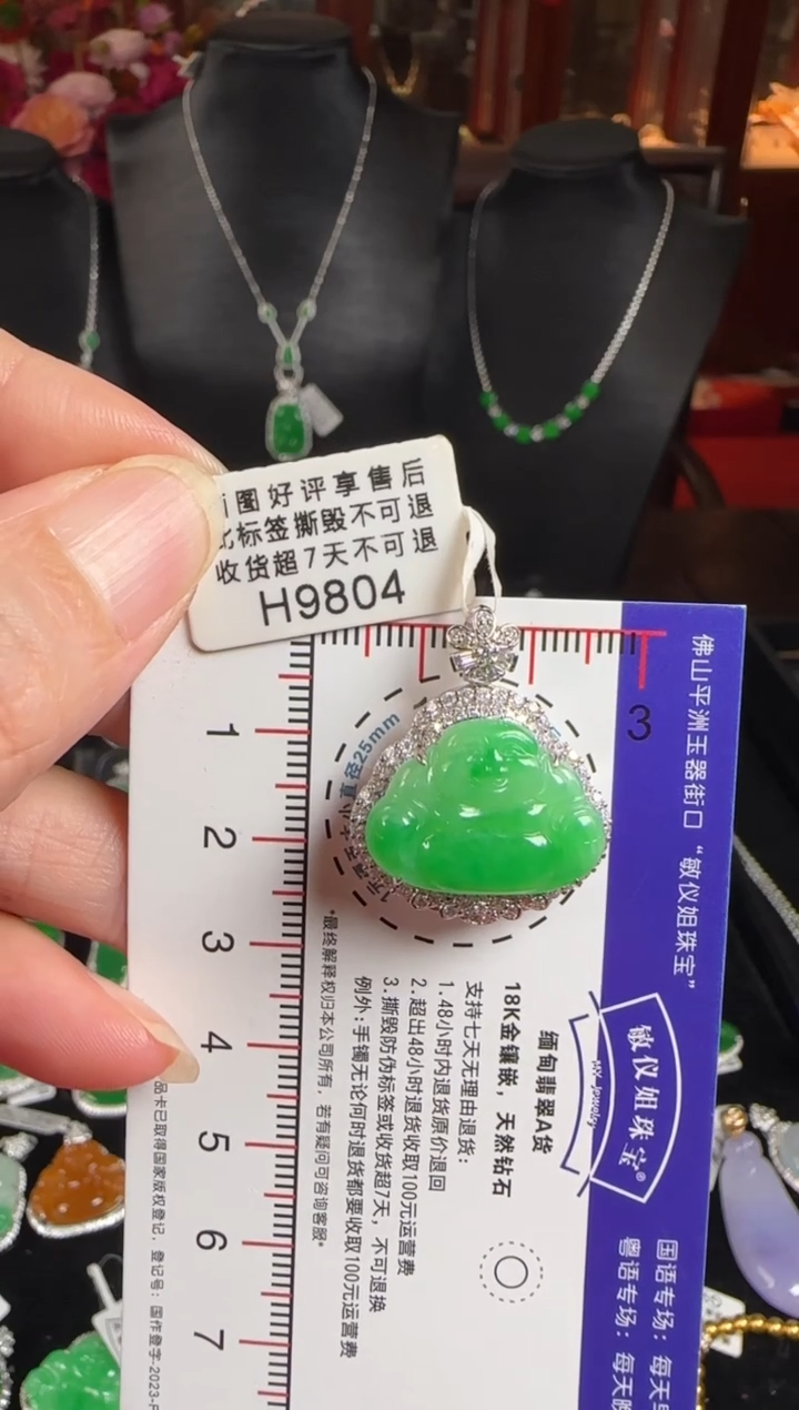 颈饰18K金镶嵌翡翠H9804冰绿佛公