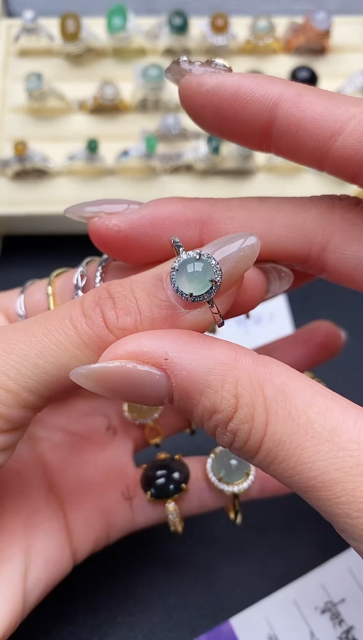 【闪购商品】翡翠戒指银S925镶嵌缅甸天然A货翡翠111   5-9