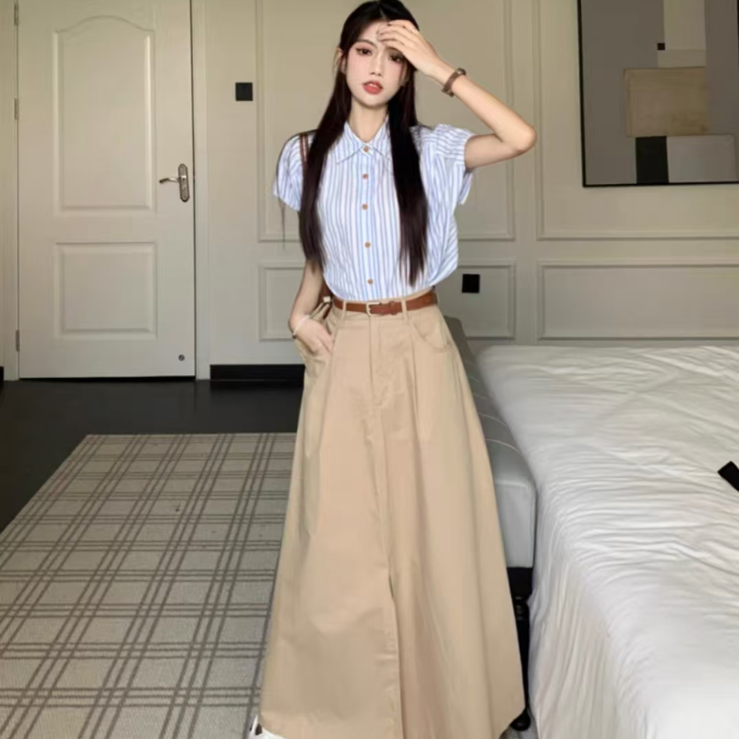 女装韩版宽松显瘦条纹衬衫上衣夏季 时尚百搭半身裙两件套