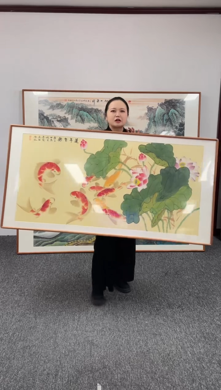【闪购商品】国画荷花九鱼图横155*80陈景芝绘画作品