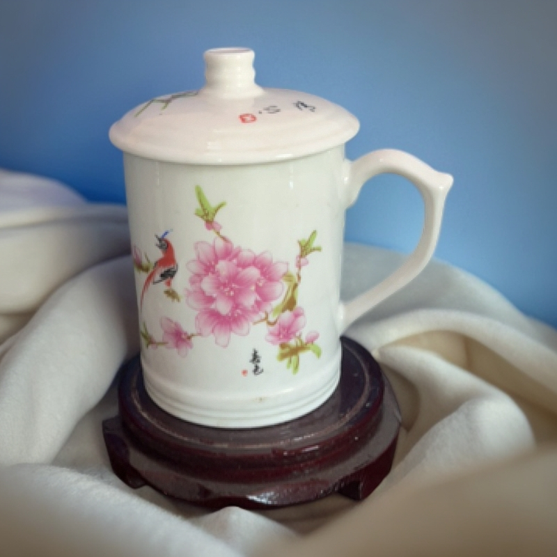 景德镇陶瓷水点桃花双层办公杯 校庆