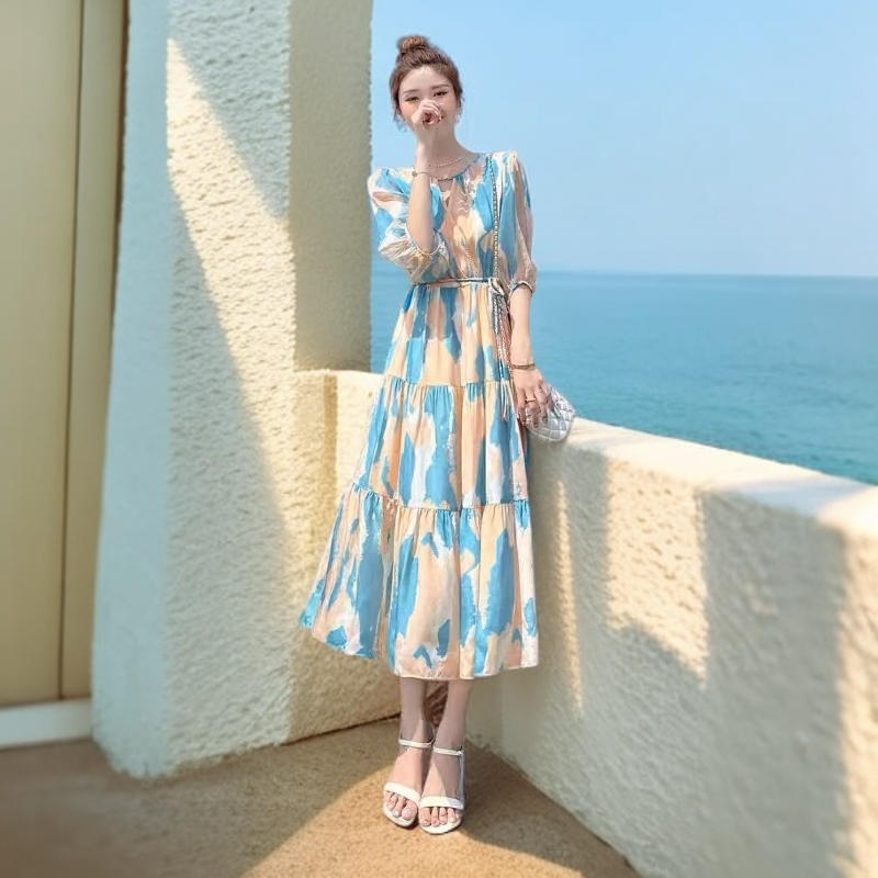 3193#蓝【木兮兮专属】2025年夏季新款气质甜美百搭收腰时尚连衣裙