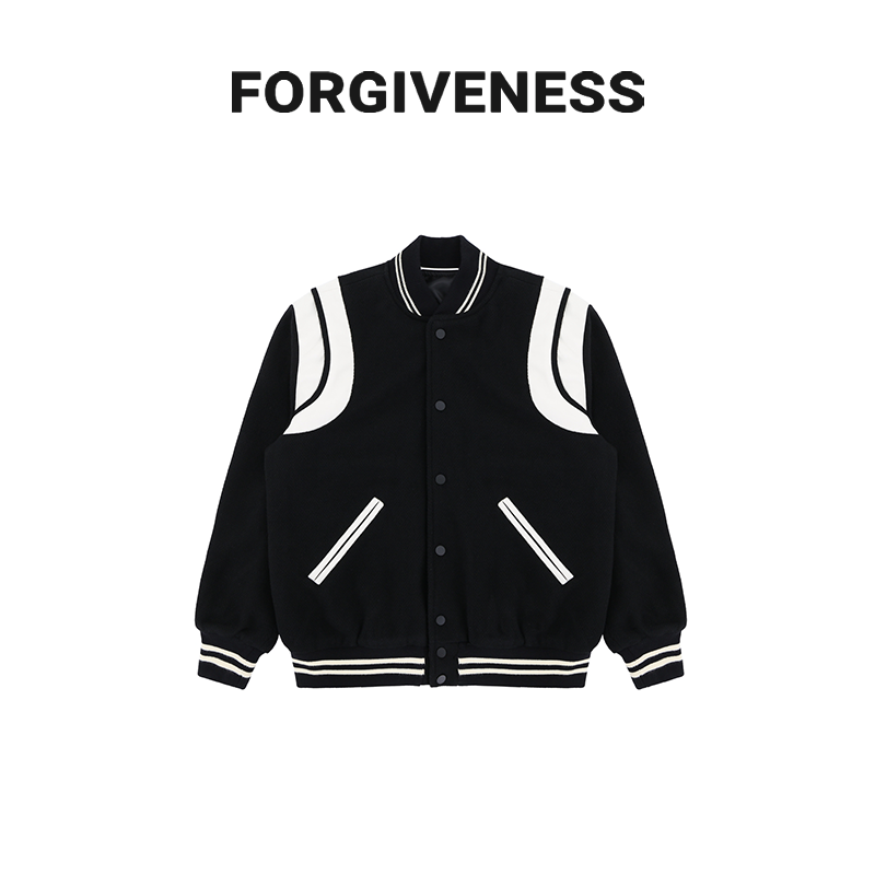 FGSS经典黑白拼色毛呢飞行员夹克棒球服ZB360