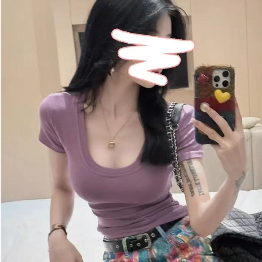 25款夏季新款时尚洋气低U领高级短袖修身显瘦百搭短款T恤正肩