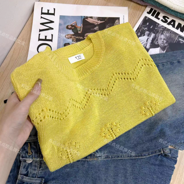 009夏季新款时尚黄色镂空薄款短袖针织衫女洋气百搭通勤短款小衫