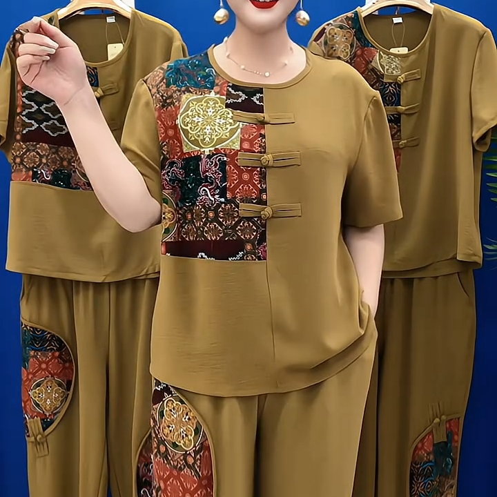 2025夏季新款时尚中年妈妈套装洋气气质女士显瘦短袖民族风两件套