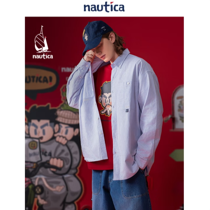 Nautica White Sail爆尼膏日系无性别廓形细条纹长袖衬衫BGWW5110