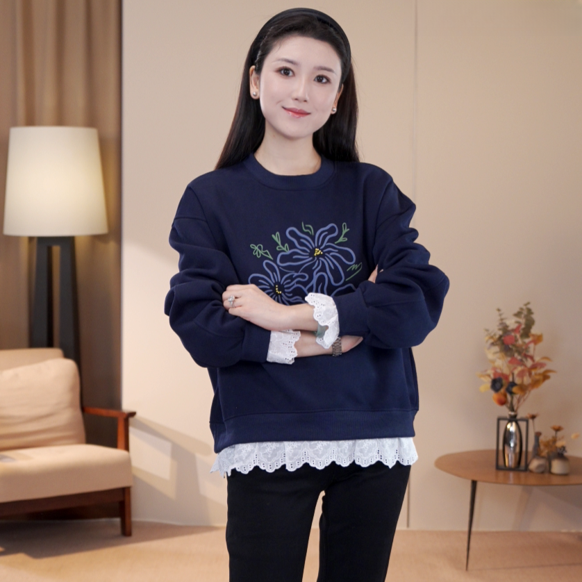 NIUNIU ·T-1710 女卫衣拼接秋季印花圆领菊花卫衣百搭