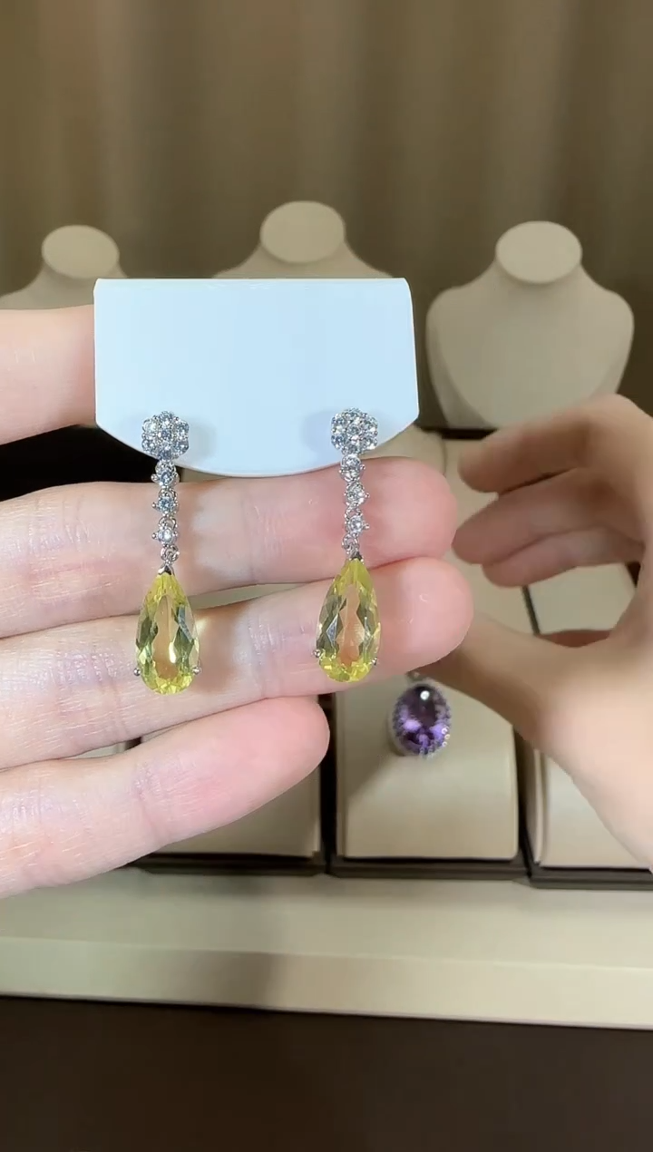 【闪购商品】水晶耳饰银S925镶嵌柠檬晶8*14mm